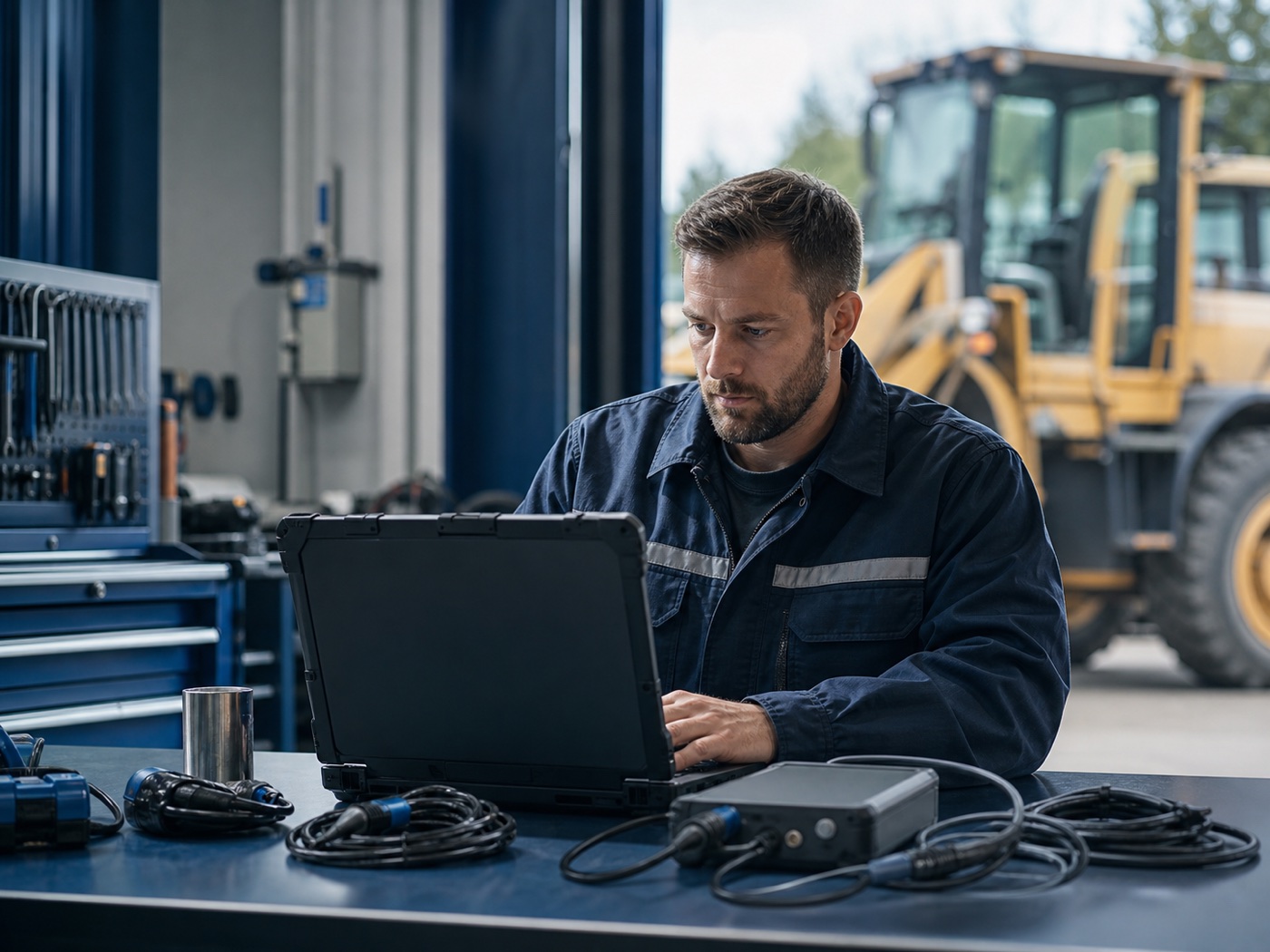 Heavy-equipment technician using diagnostic software in a workshop