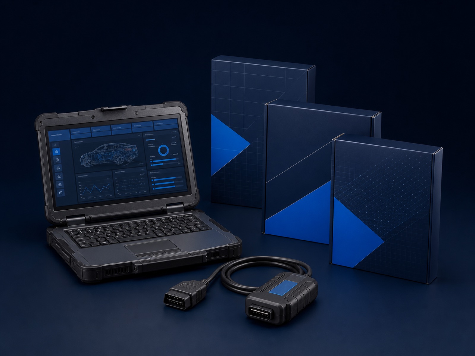 Rugged diagnostic laptop, software packages and vehicle interface