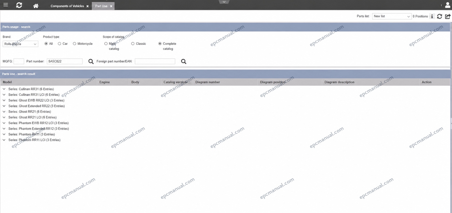 BMW ETK parts search with VIN decoder interface