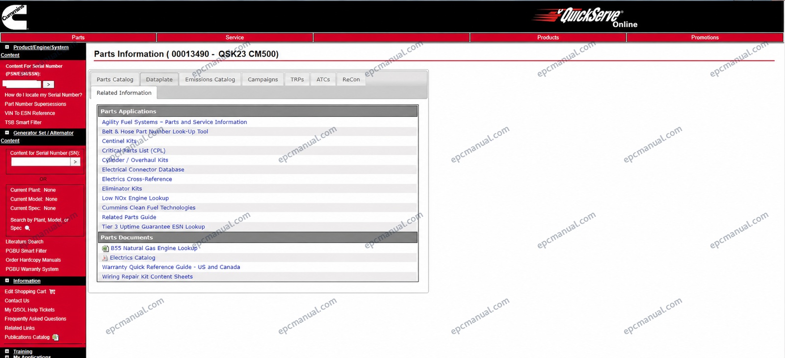 Cummins QuickServe Online main dashboard