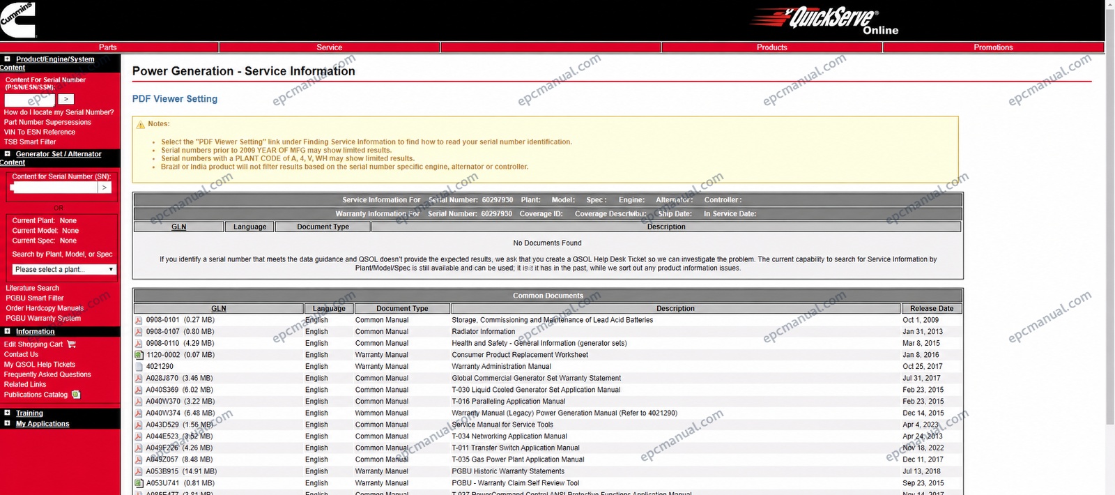 Cummins QuickServe Online main dashboard