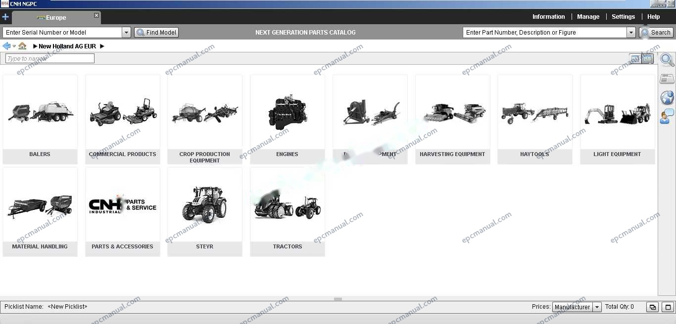 New Holland EPC Online parts catalog interface showing construction and agricultural equipment parts database