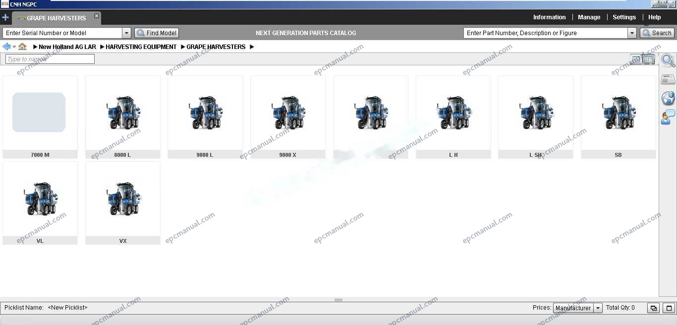 New Holland EPC Online parts catalog interface showing construction and agricultural equipment parts database