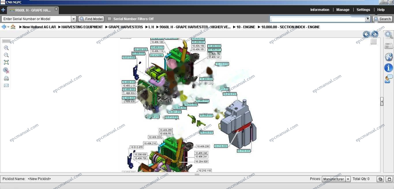 New Holland EPC Online parts catalog interface showing construction and agricultural equipment parts database