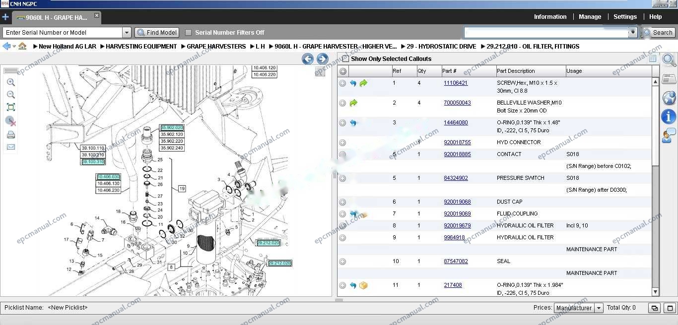 New Holland EPC Online parts catalog interface showing construction and agricultural equipment parts database