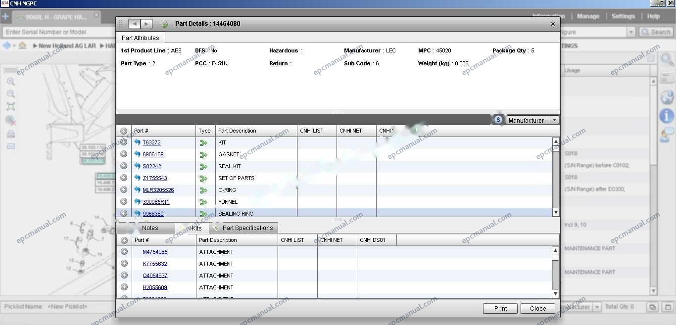 New Holland EPC Online parts catalog interface showing construction and agricultural equipment parts database
