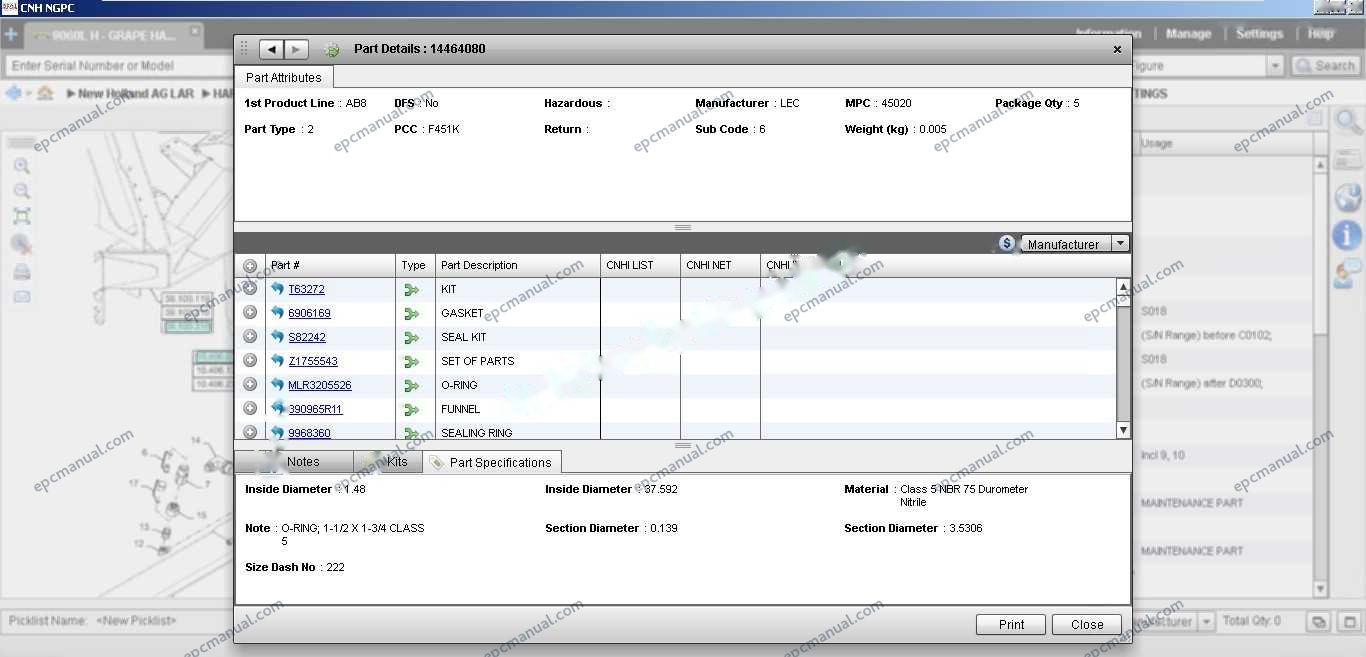 New Holland EPC Online parts catalog interface showing construction and agricultural equipment parts database