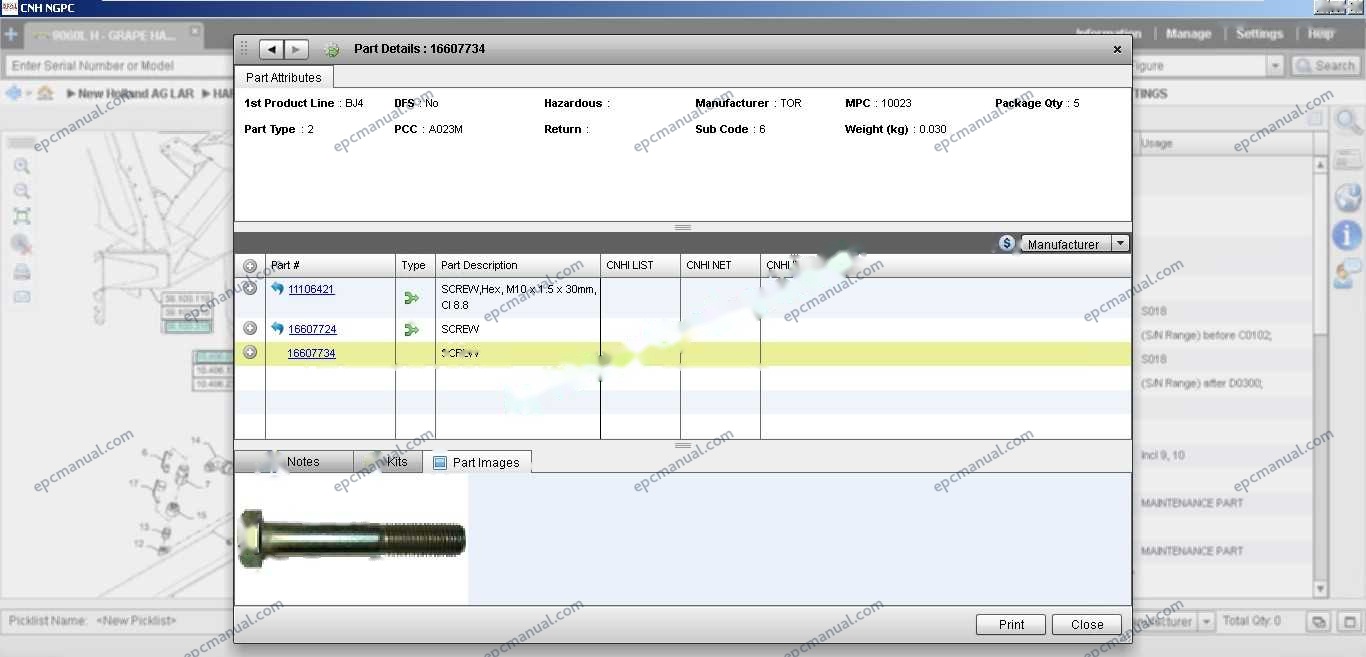 New Holland EPC Online parts catalog interface showing construction and agricultural equipment parts database