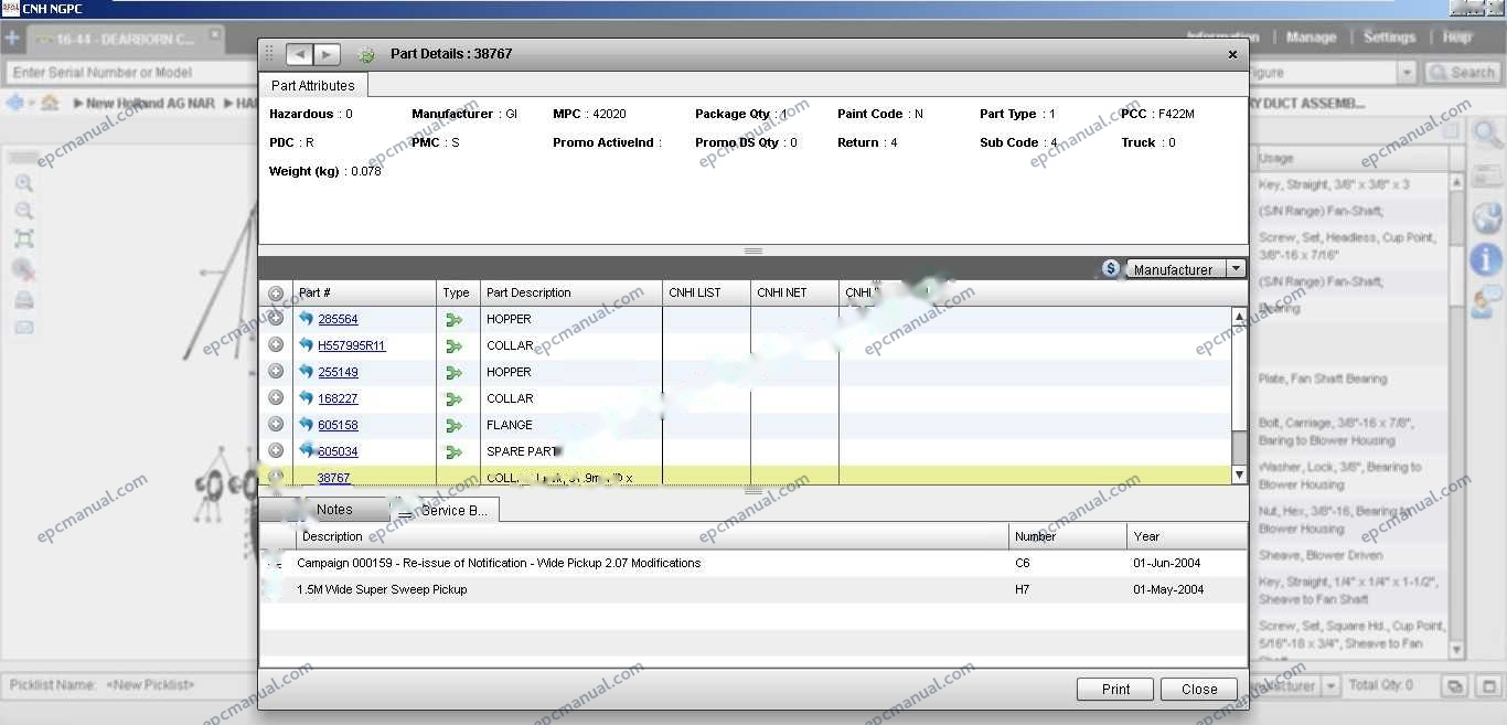 New Holland EPC Online parts catalog interface showing construction and agricultural equipment parts database