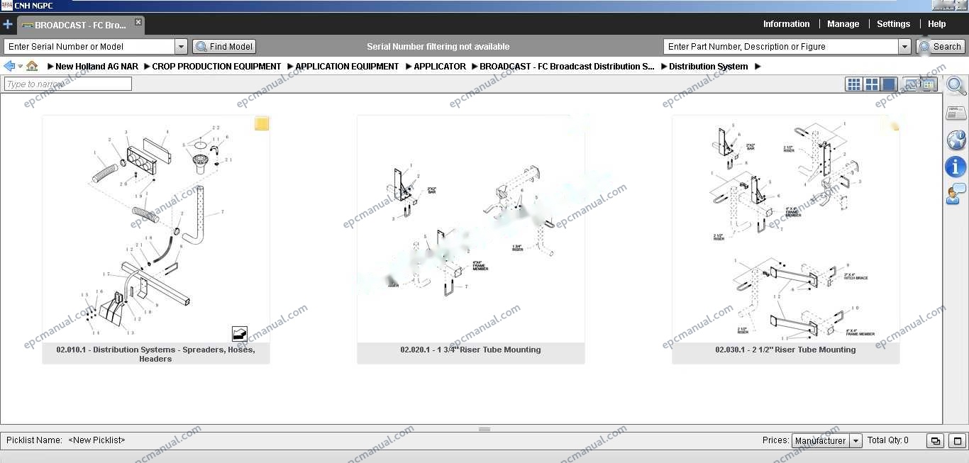 New Holland EPC Online parts catalog interface showing construction and agricultural equipment parts database