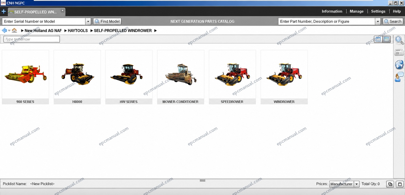 New Holland EPC Online parts catalog interface showing construction and agricultural equipment parts database