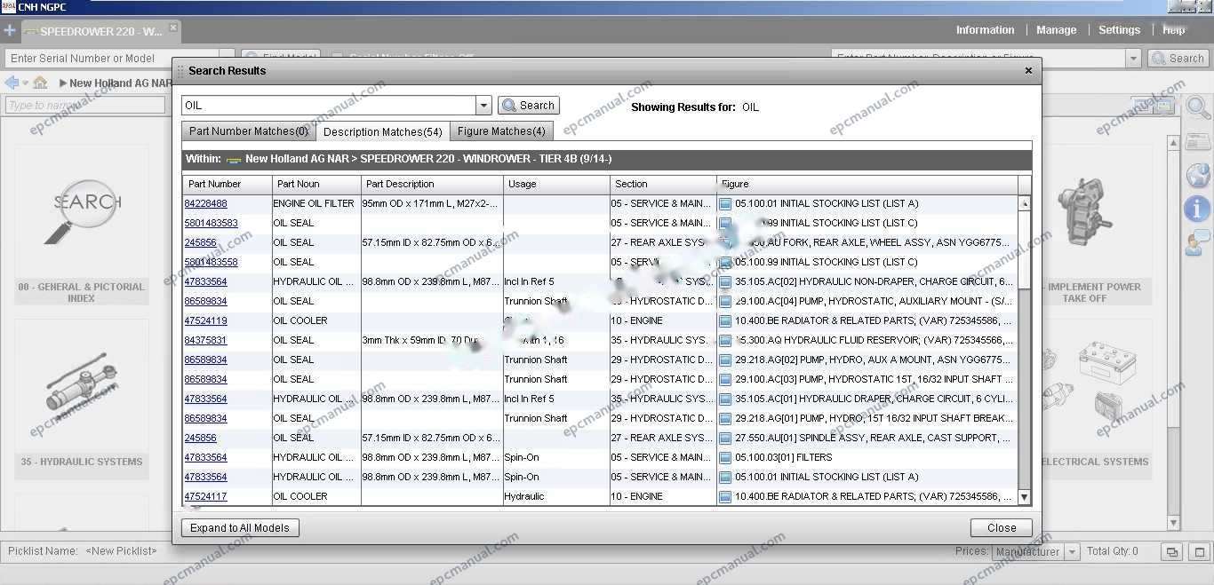 New Holland EPC Online parts catalog interface showing construction and agricultural equipment parts database