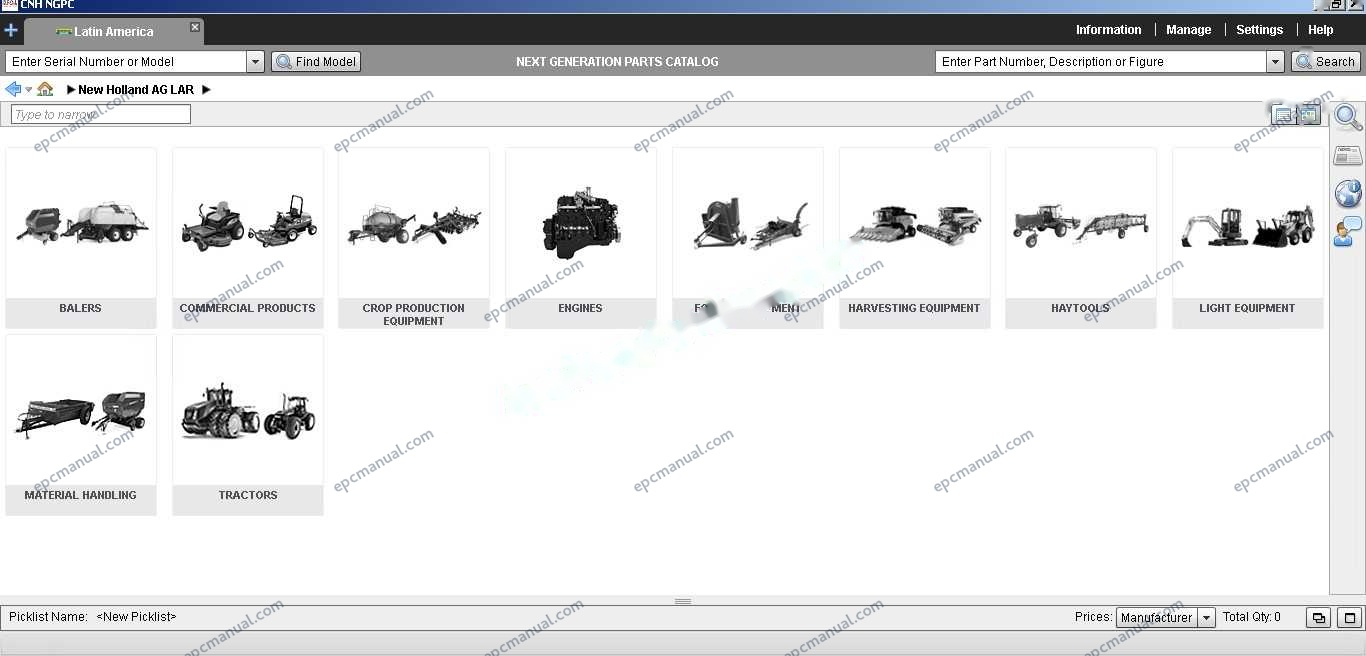 New Holland EPC Online parts catalog interface showing construction and agricultural equipment parts database