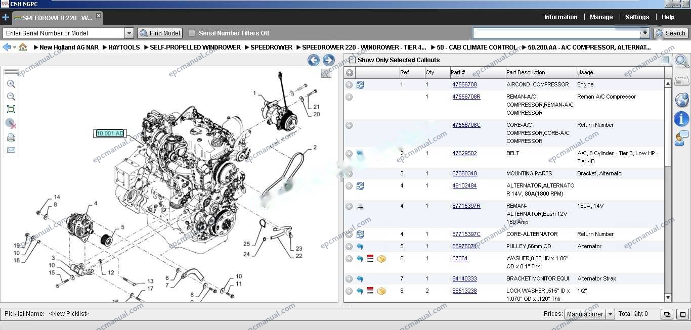 New Holland EPC Online parts catalog interface showing construction and agricultural equipment parts database