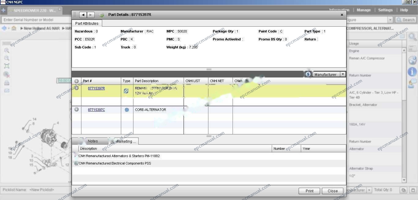 New Holland EPC Online parts catalog interface showing construction and agricultural equipment parts database
