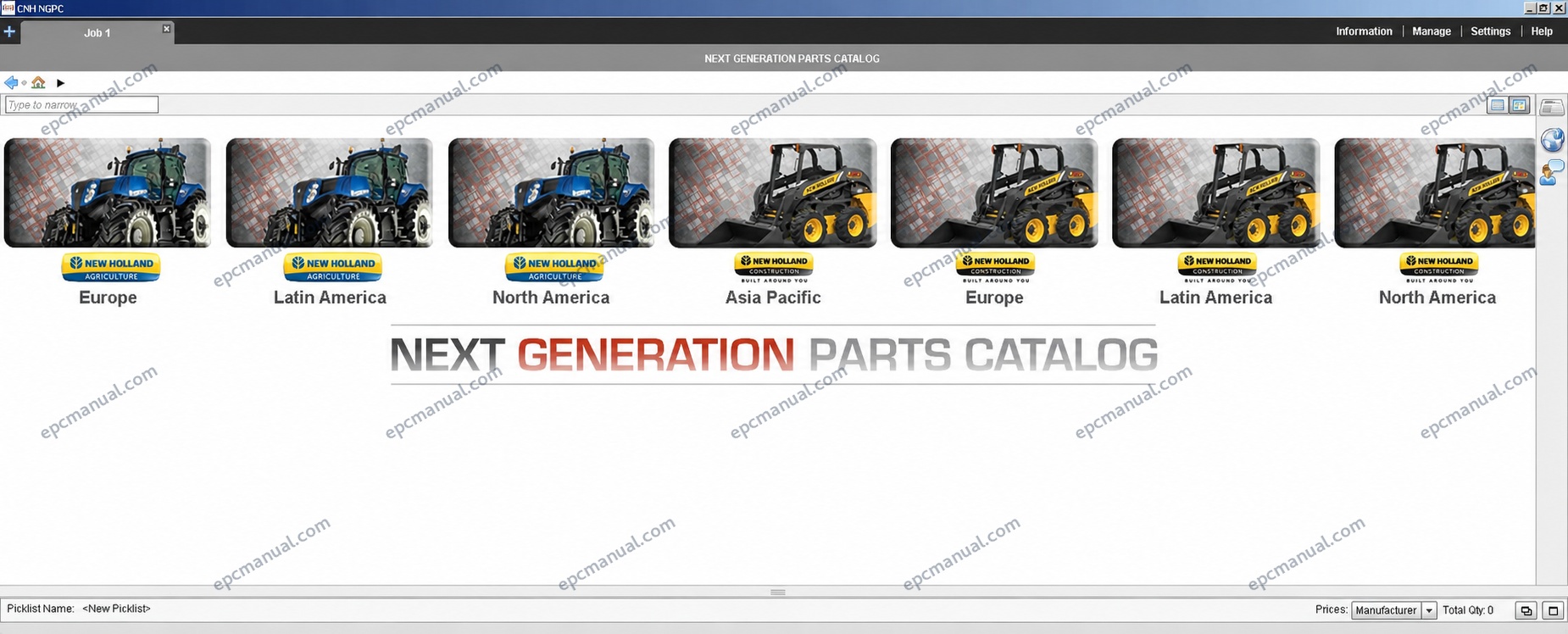 New Holland EPC Online parts catalog interface showing construction and agricultural equipment parts database