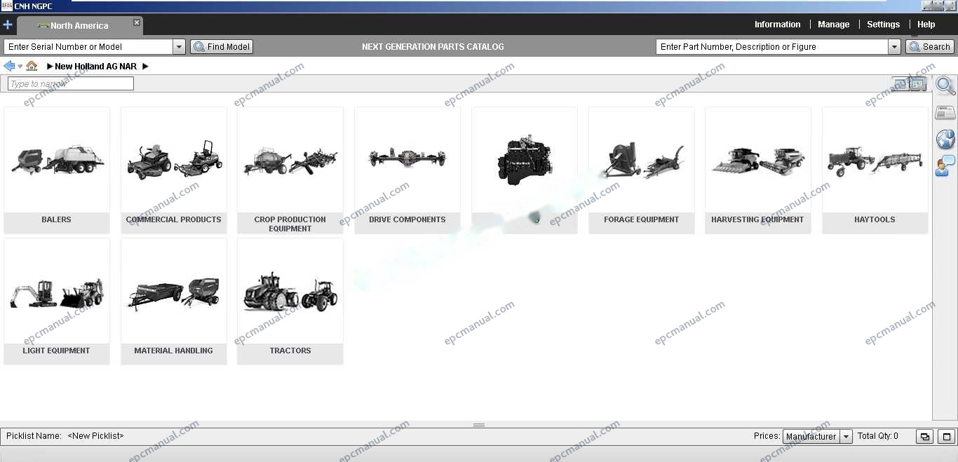 New Holland EPC Online parts catalog interface showing construction and agricultural equipment parts database