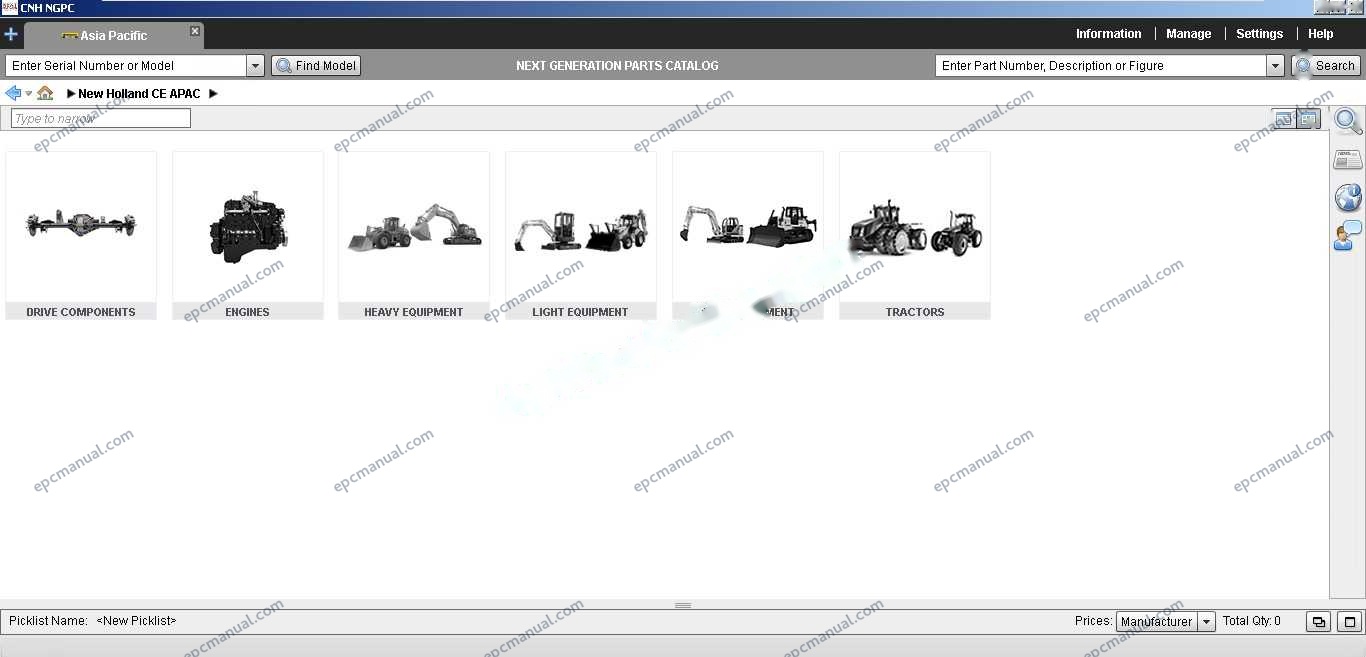 New Holland EPC Online parts catalog interface showing construction and agricultural equipment parts database