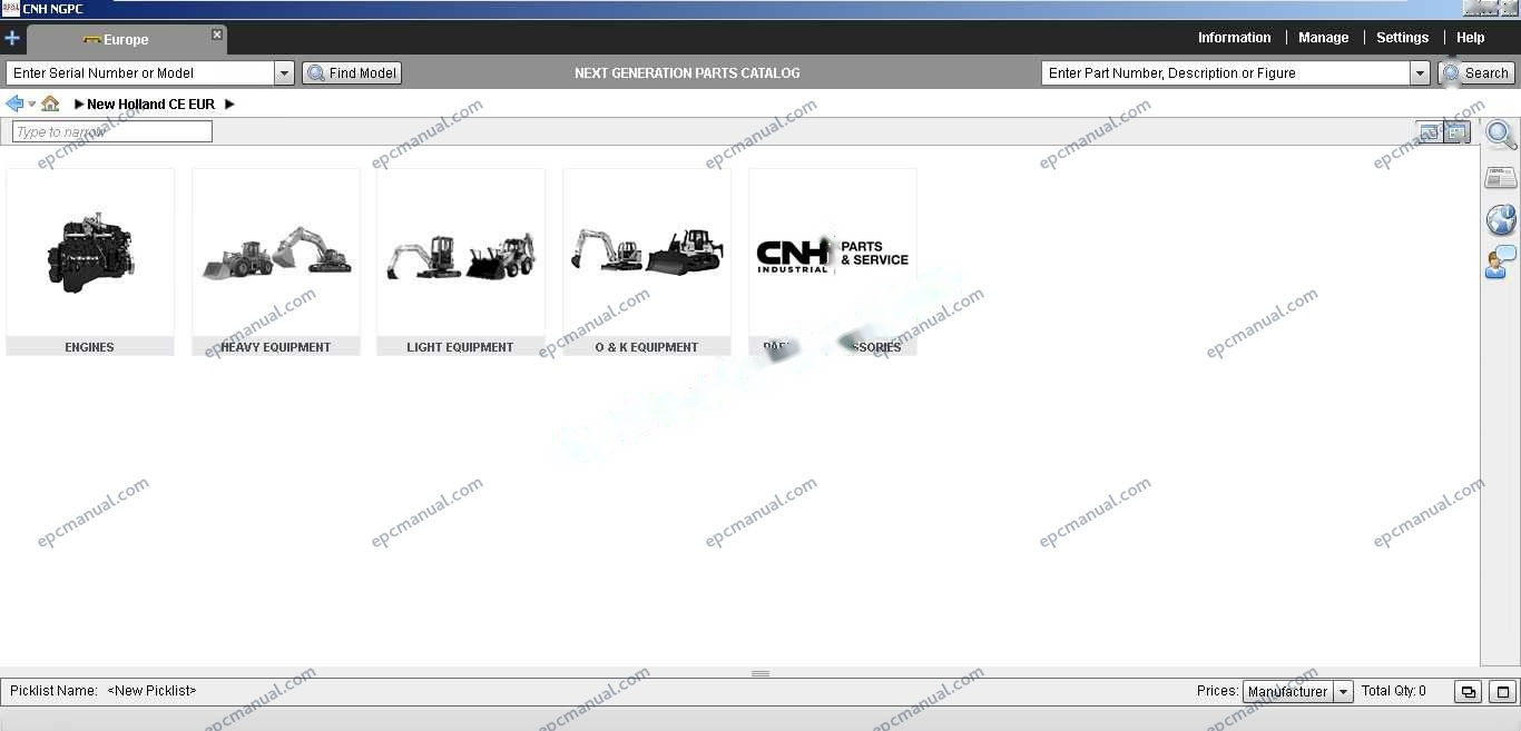 New Holland EPC Online parts catalog interface showing construction and agricultural equipment parts database