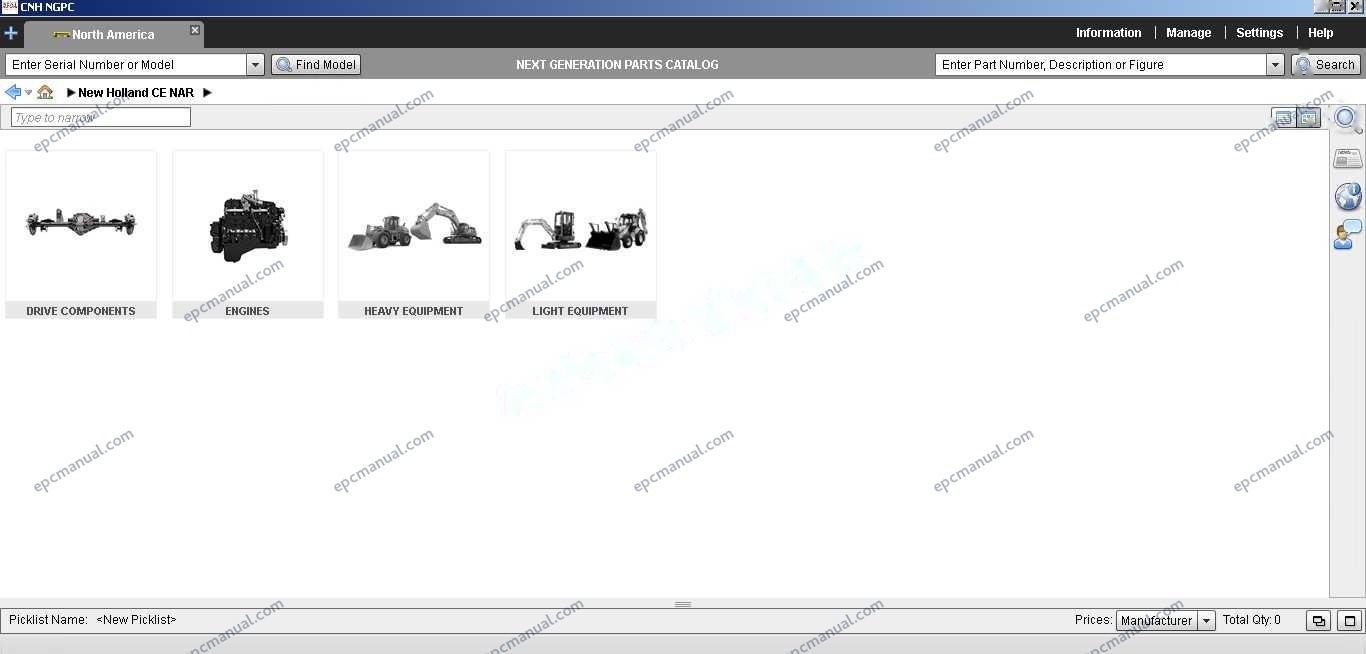 New Holland EPC Online parts catalog interface showing construction and agricultural equipment parts database