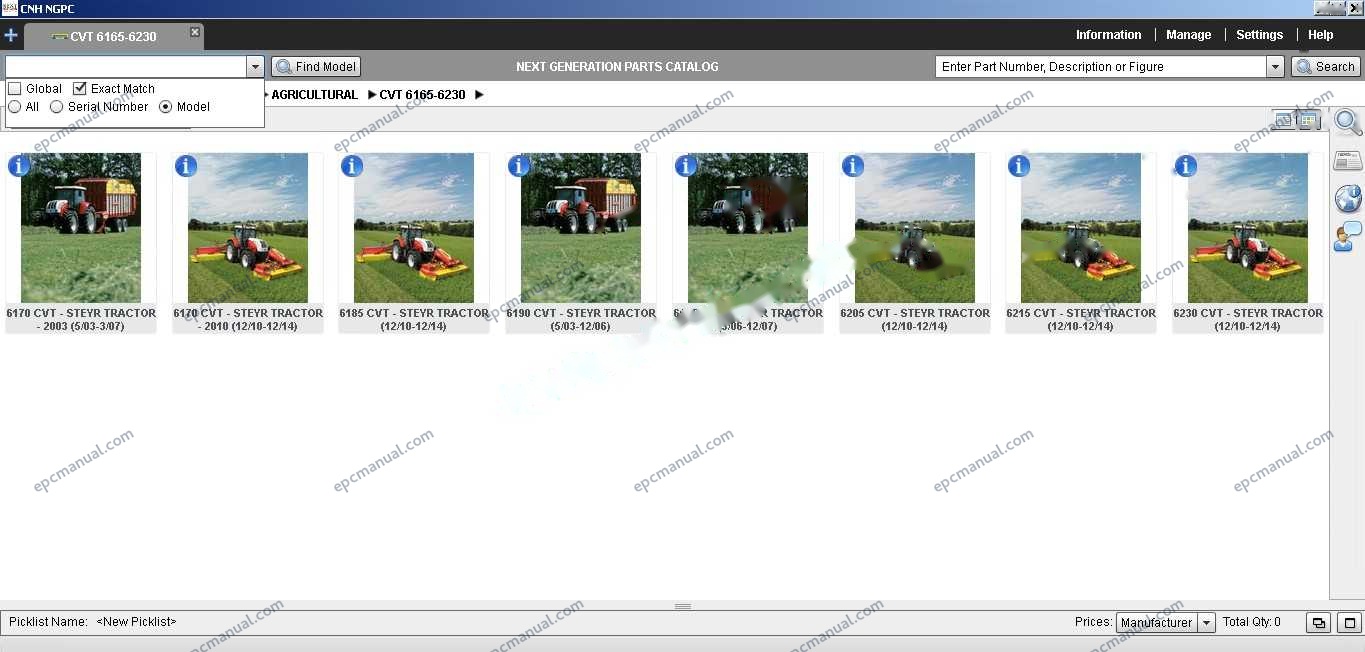 New Holland EPC Online parts catalog interface showing construction and agricultural equipment parts database
